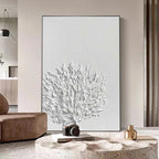 Elodie Dubois 'White Textured Tree' wall art: Minimalist white art with textured tree design in black frame, modern decor.