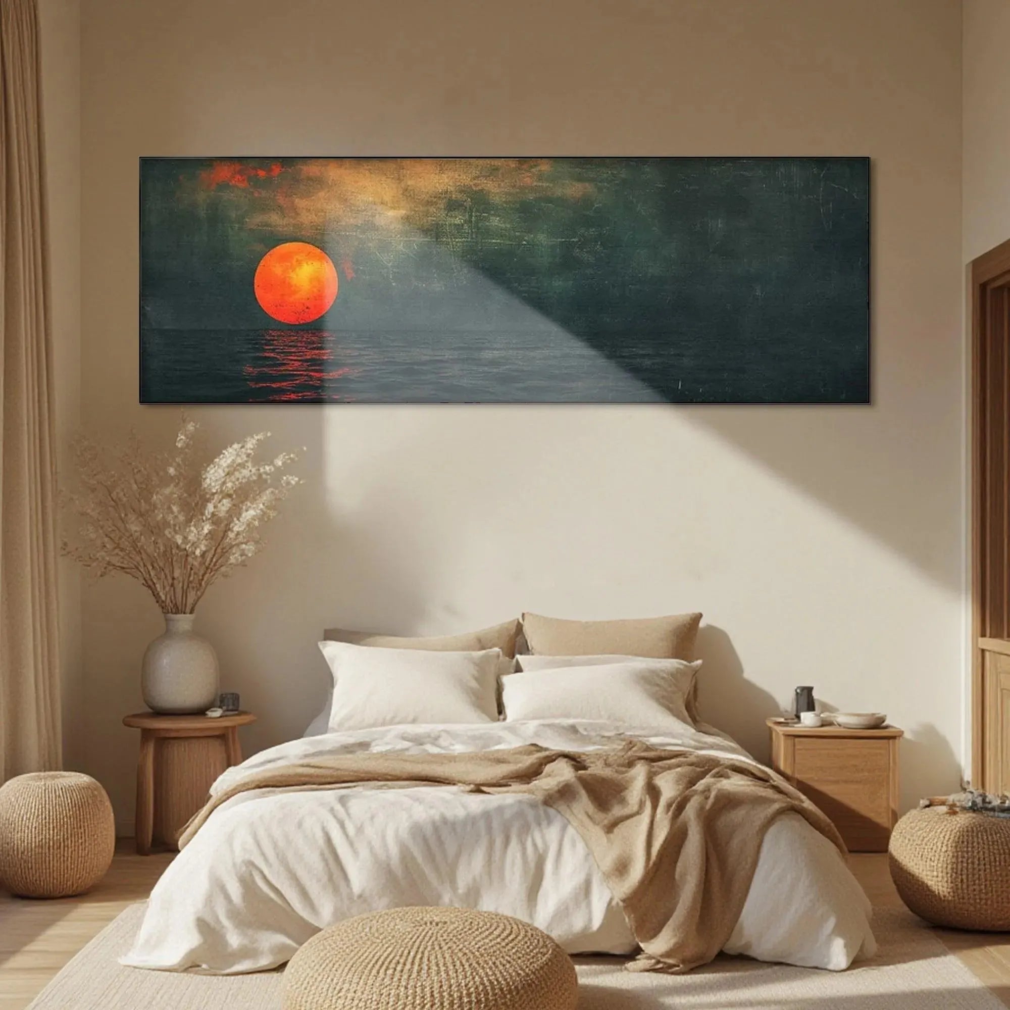 Panoramic blood moon painting over textured ocean, bedroom wall art showing scale.