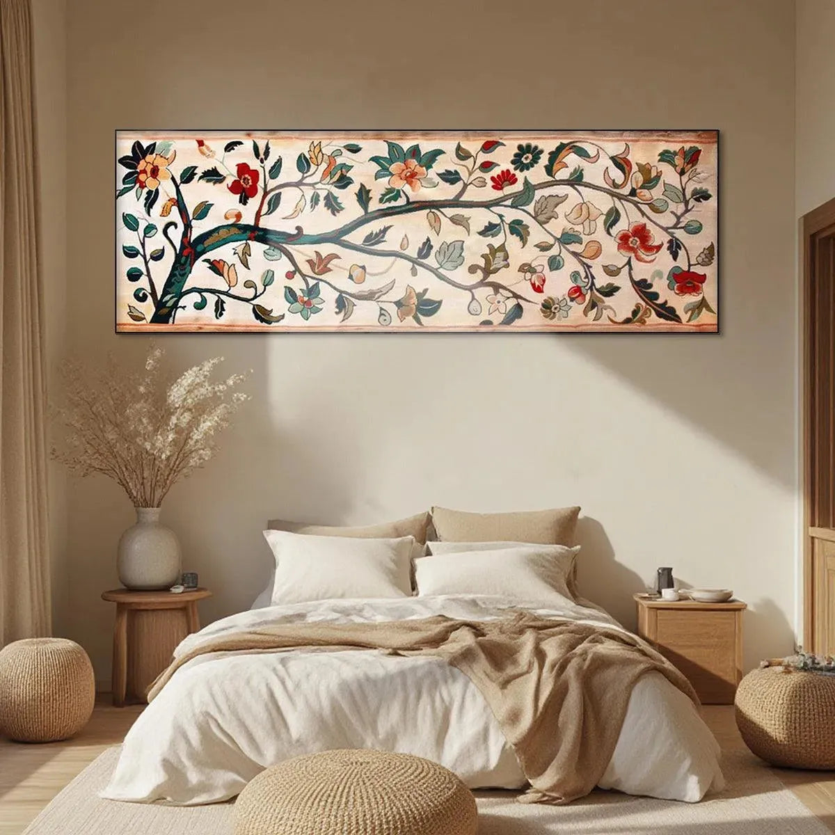 Liam O'Connell panoramic tapestry with flowering tree, red, peach, teal, yellow blossoms on cream, bedroom decor.