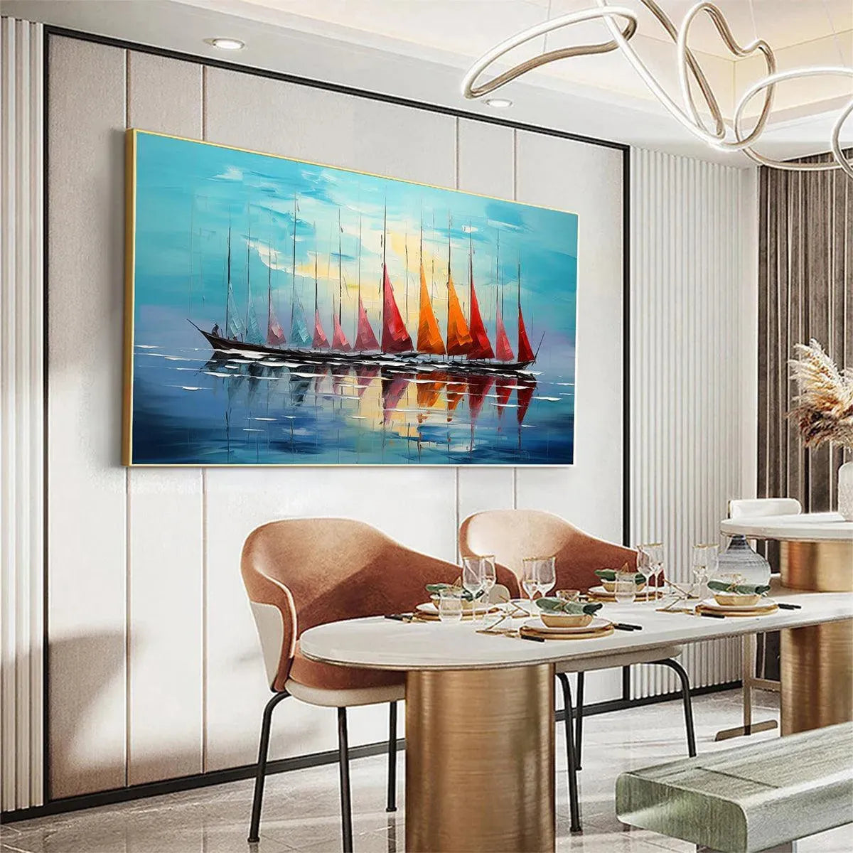 SAILING INTO SUNSET: Textured Sailboat Seascape Panoramic Wall Art