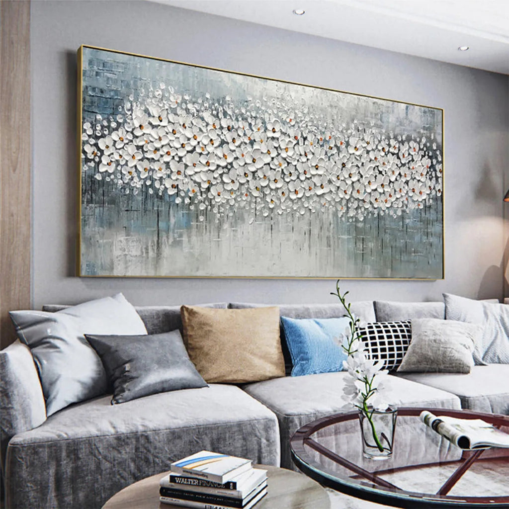 WINTER BLOSSOM: White Flowers Grey Blue Canvas