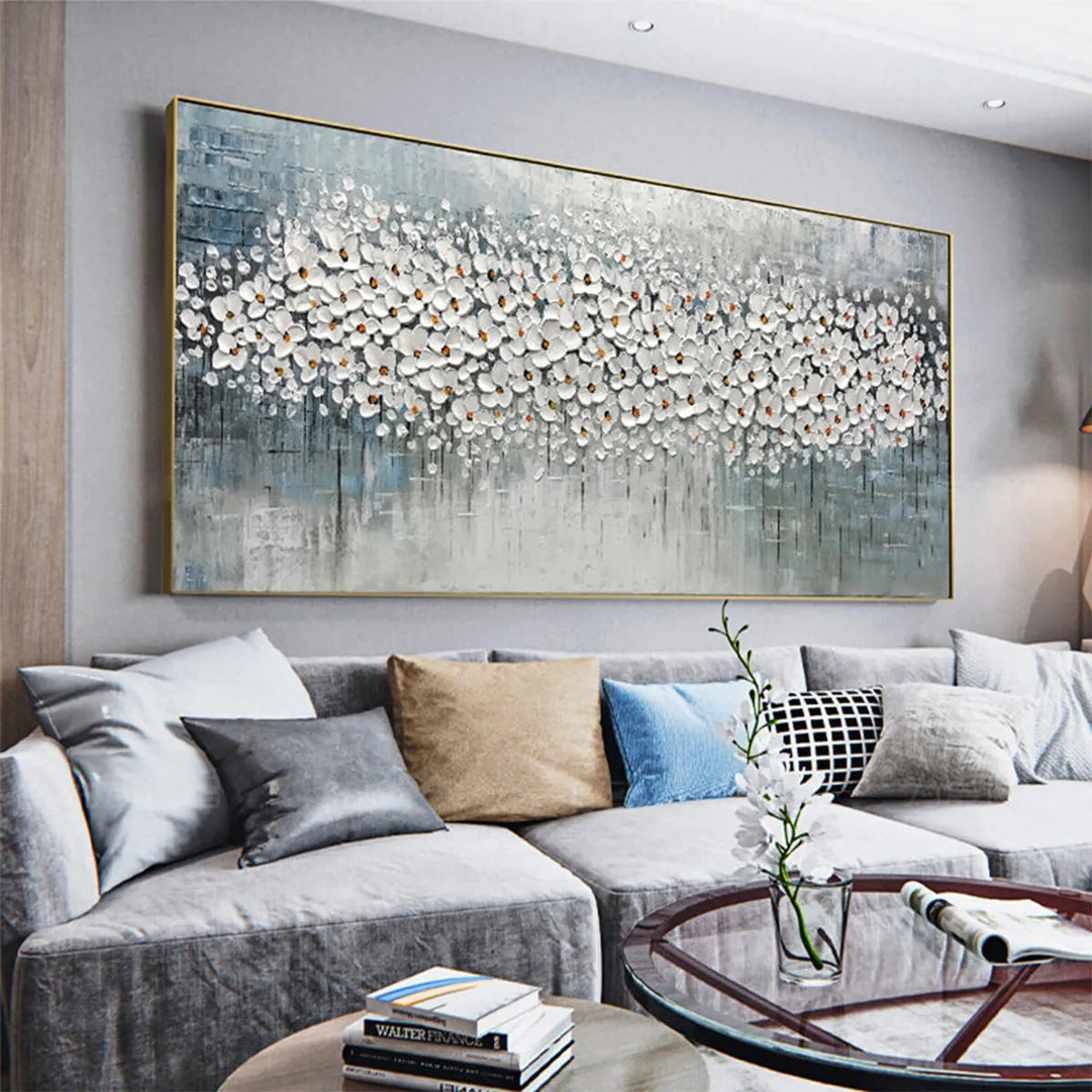 WINTER BLOSSOM: White Flowers Grey Blue Canvas