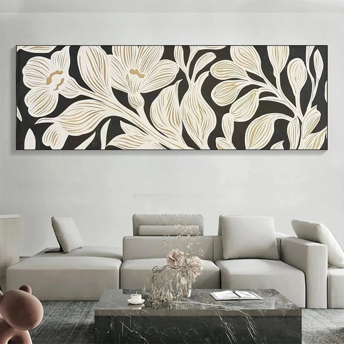Golden Floral Panoramic wall art: stylized cream & gold flowers/leaves on black. Modern living room decor.