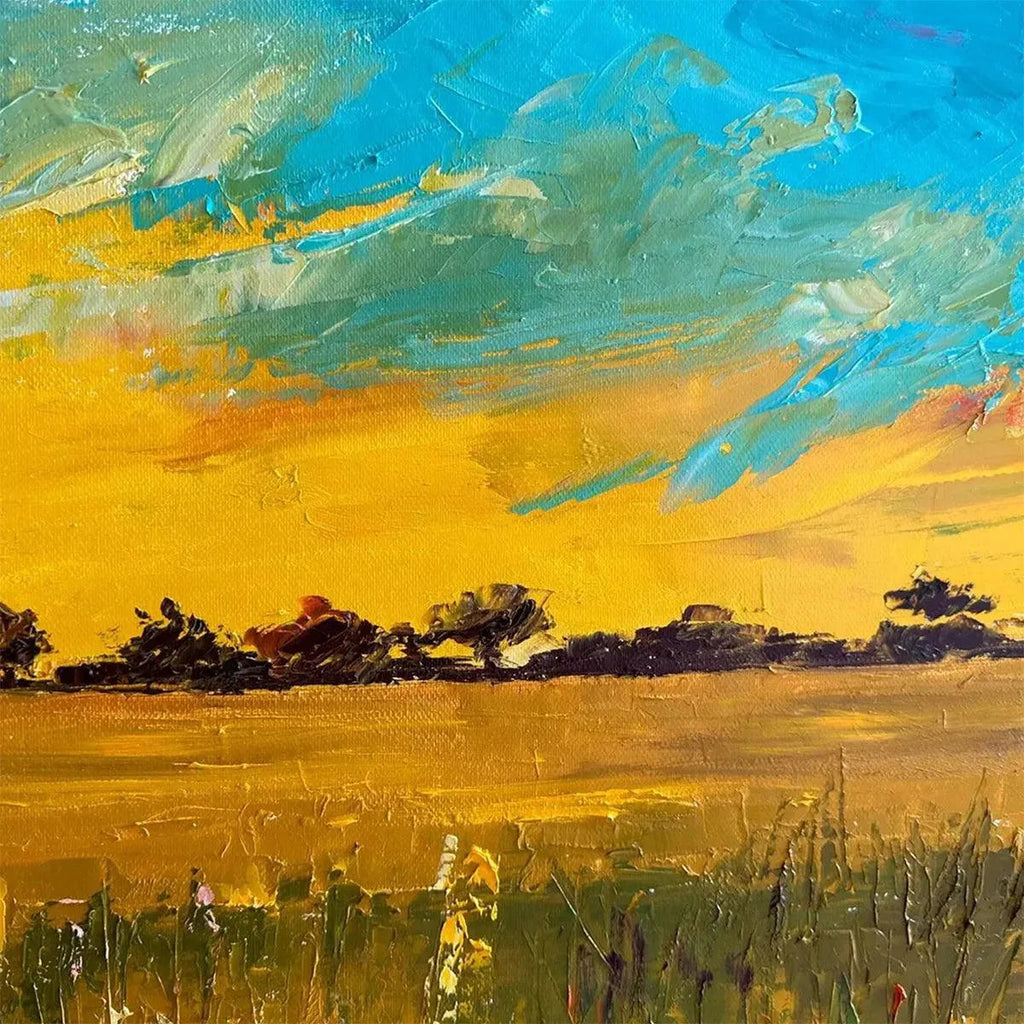 Golden Sunset Field by Isabella Rossi: Wheat field painting with warm sunset colors, textured brushstrokes, original artwork.
