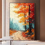 AUTUMNAUTUMN PATH: Textured Forest Path Orange Red Blue Canvas