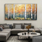 Horizontal Golden Birch Grove painting above modern grey living room sofa, showcasing home decor integration.