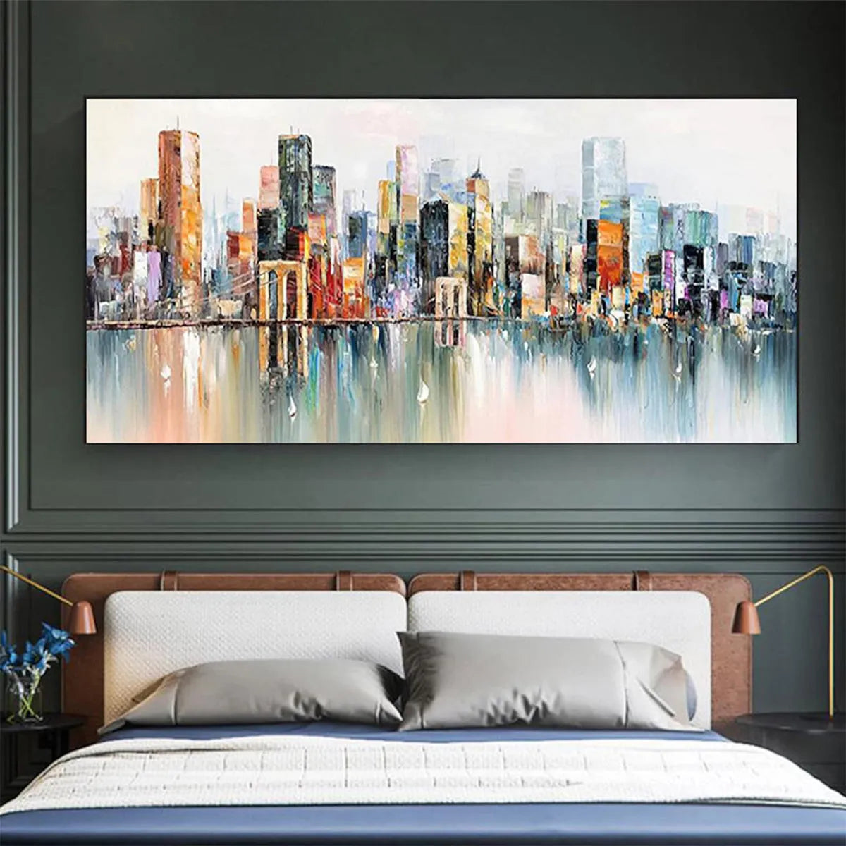 METROPOLITAN REFLECTIONS: City Skyline With Water Reflections Panoramic Oil Painting