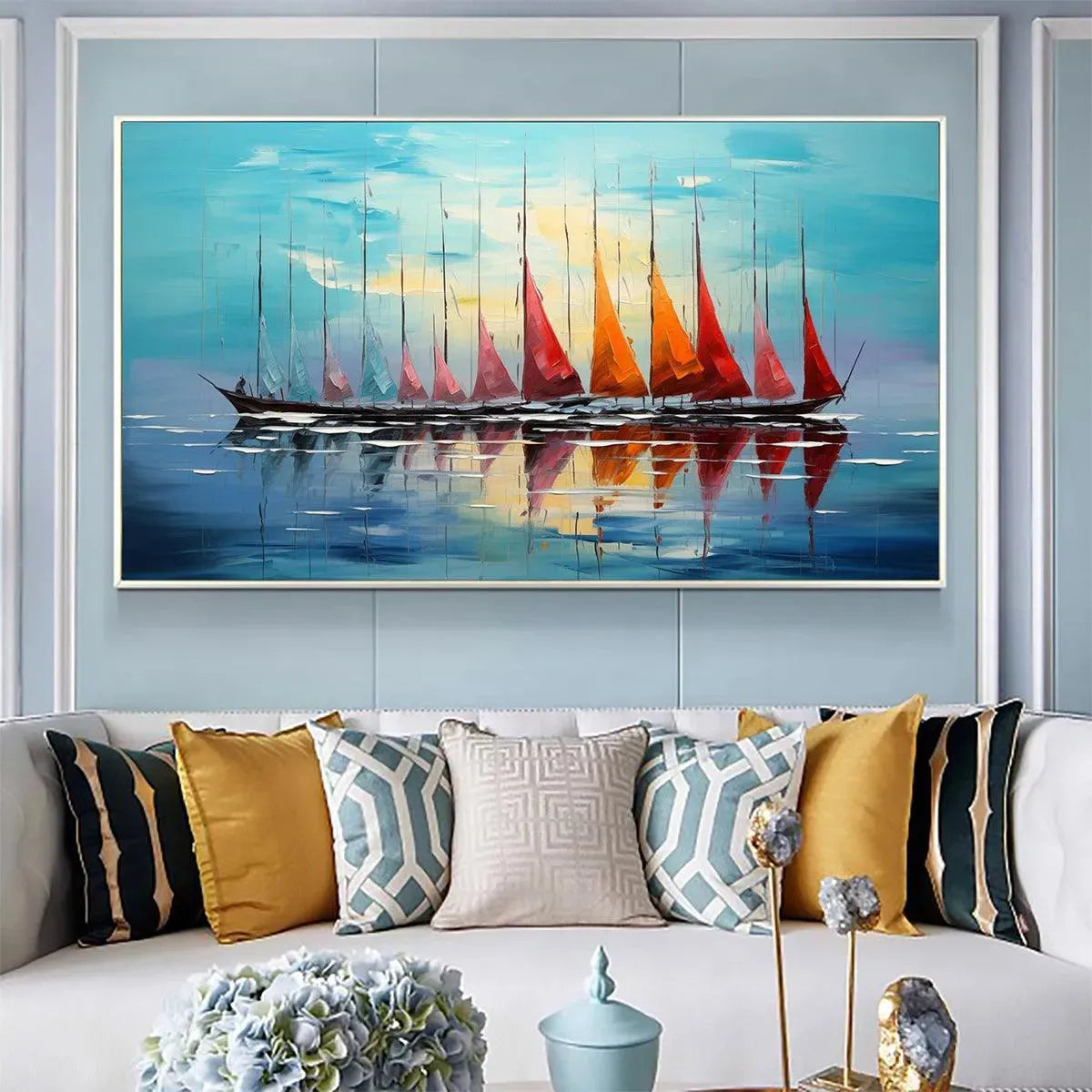 SAILING INTO SUNSET: Textured Sailboat Seascape Panoramic Wall Art