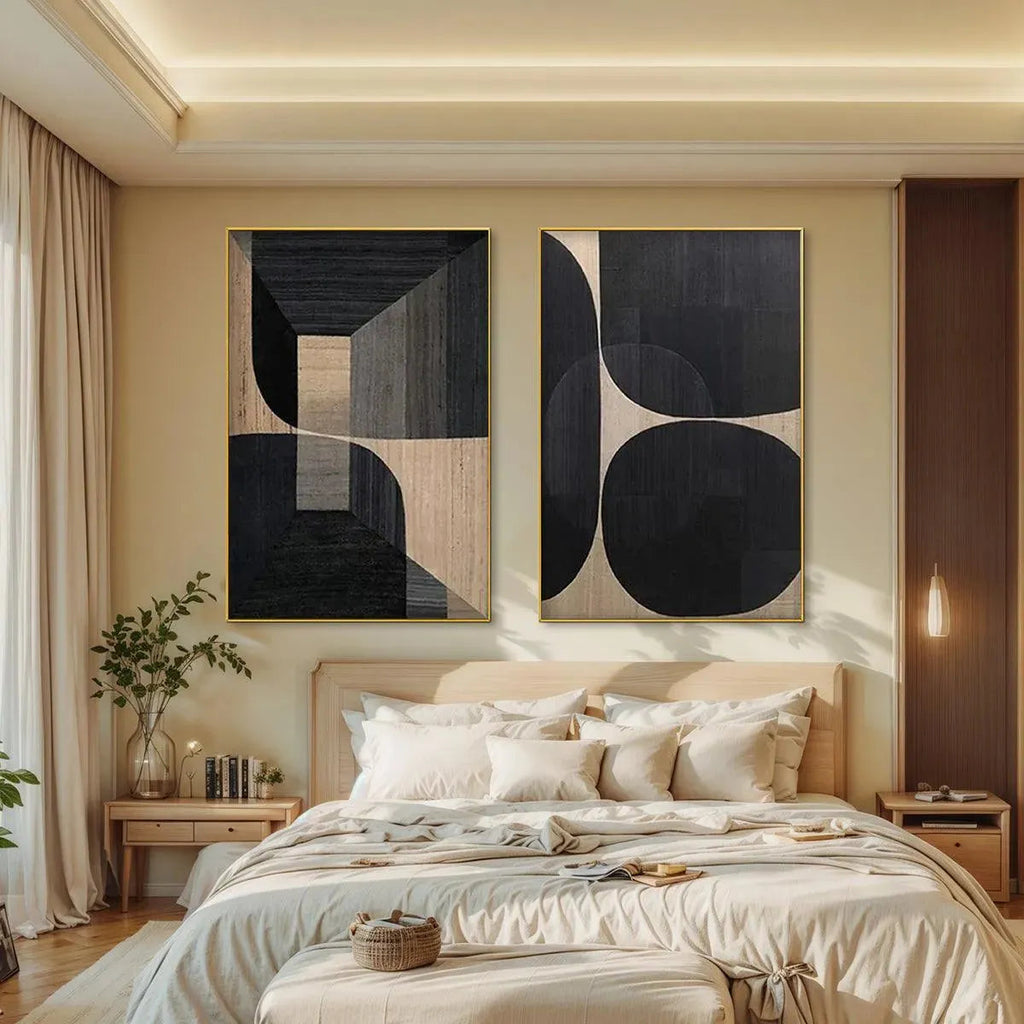 Minimalist Geometric Diptych set of 2 abstract square wall art in black, grey, beige above bed