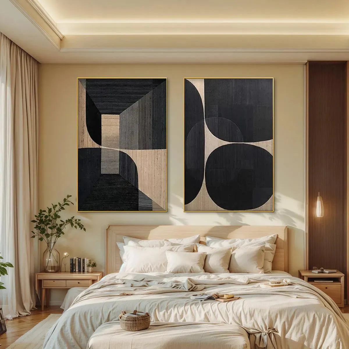 Minimalist Geometric Diptych set of 2 abstract square wall art in black, grey, beige above bed