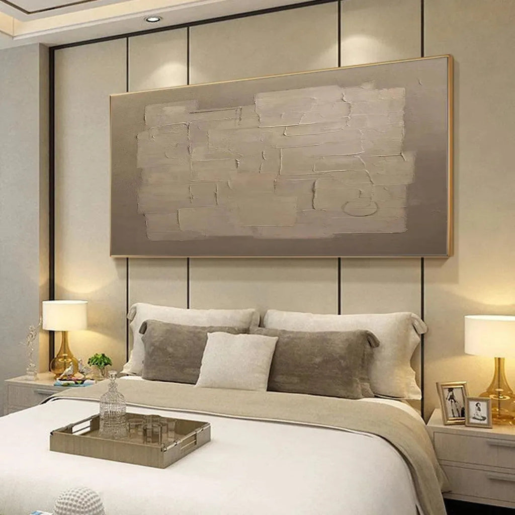 Javier Ramirez's Textured Taupe Abstract: Minimalist painting above a bed, neutral tones, ready to hang.
