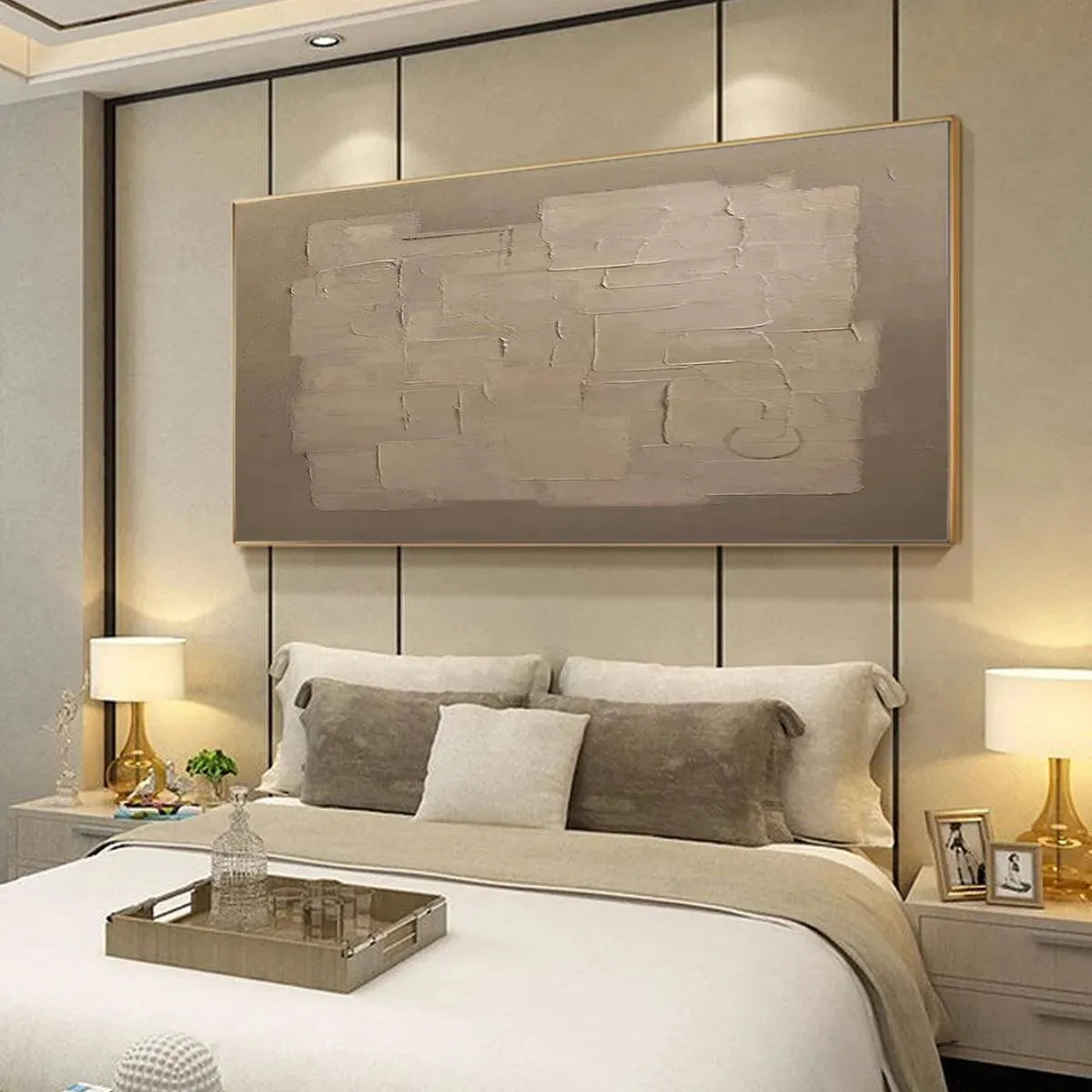 Javier Ramirez's Textured Taupe Abstract: Minimalist painting above a bed, neutral tones, ready to hang.