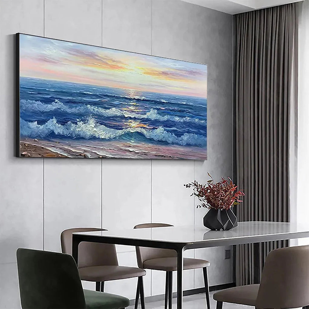 Golden Sunset Serenade panoramic ocean painting, warm sunset hues & foamy waves, elegantly scaled in a modern dining room.