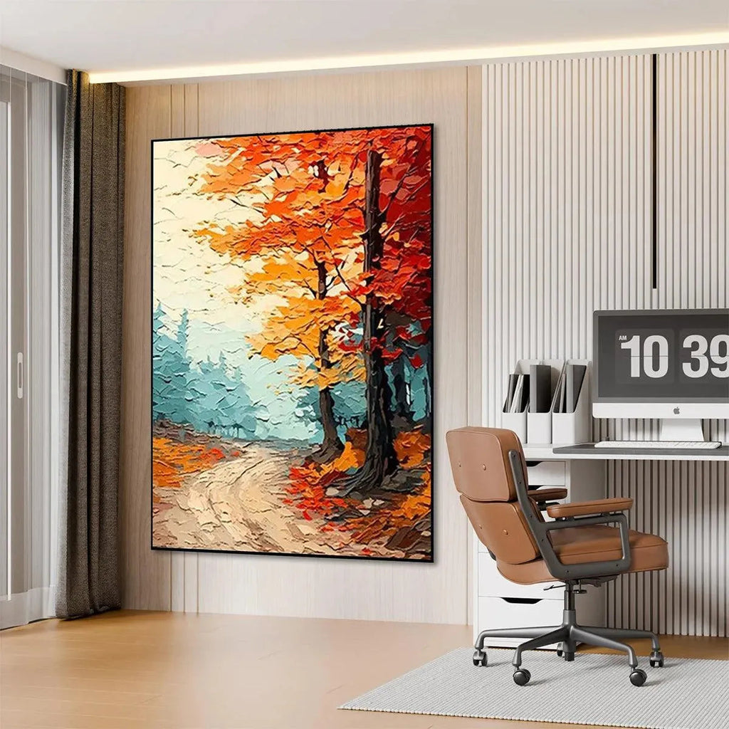 AUTUMNAUTUMN PATH: Textured Forest Path Orange Red Blue Canvas