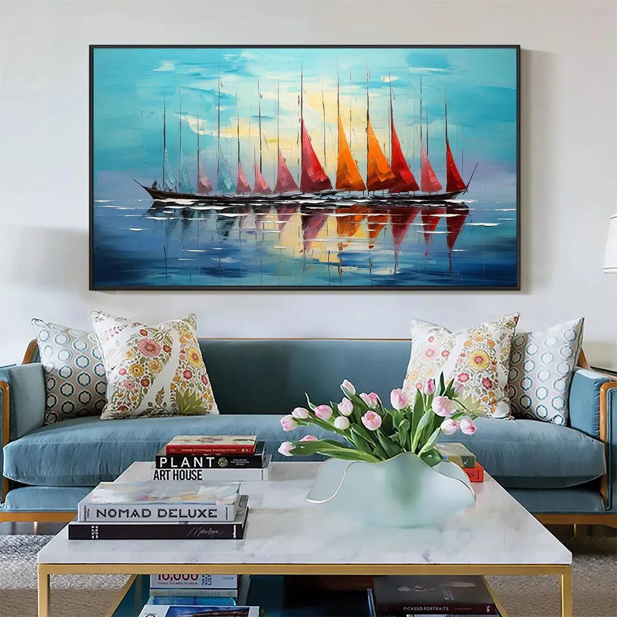 SAILING INTO SUNSET: Textured Sailboat Seascape Panoramic Wall Art