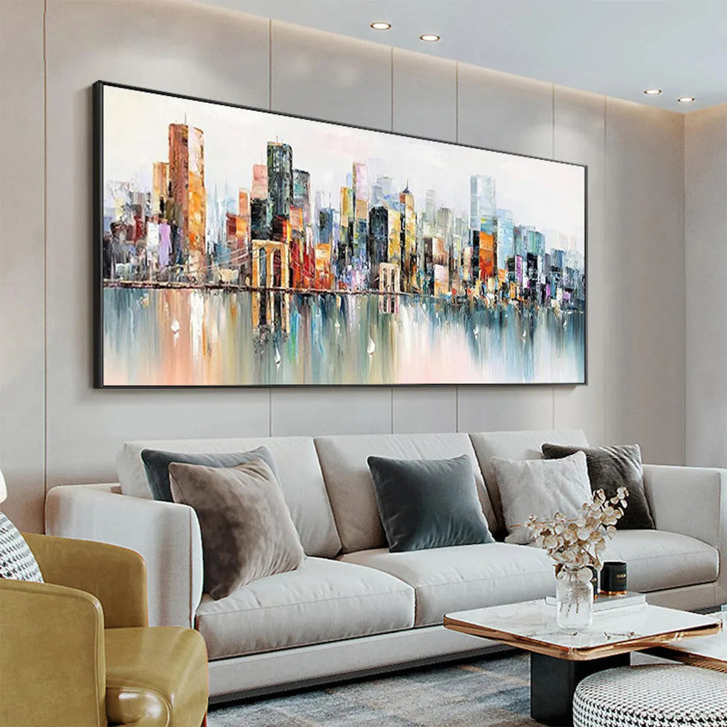 METROPOLITAN REFLECTIONS: City Skyline With Water Reflections Panoramic Oil Painting