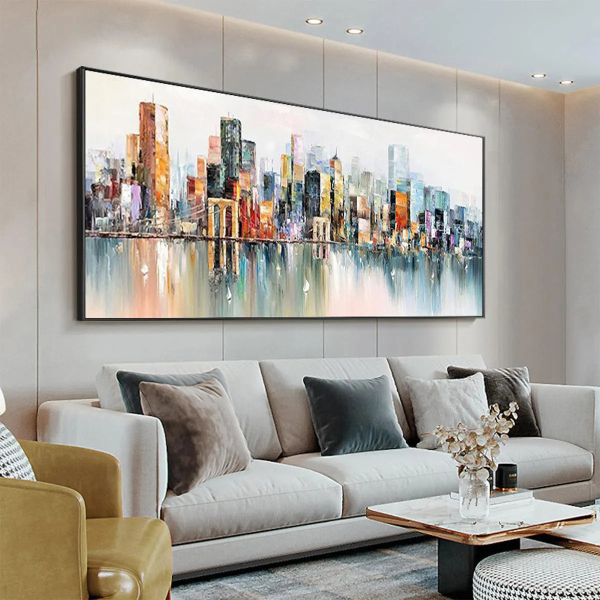 METROPOLITAN REFLECTIONS: City Skyline With Water Reflections Panoramic Oil Painting