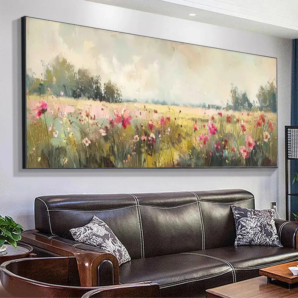 Panoramic impressionist painting of a wildflower field with pink flowers above a brown leather sofa.