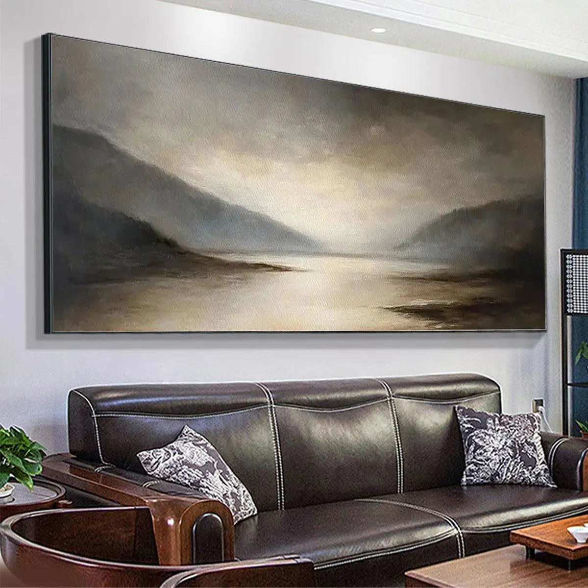 MISTY MORNING SERENITY: Panoramic Lake Fog Tones Calm Canvas