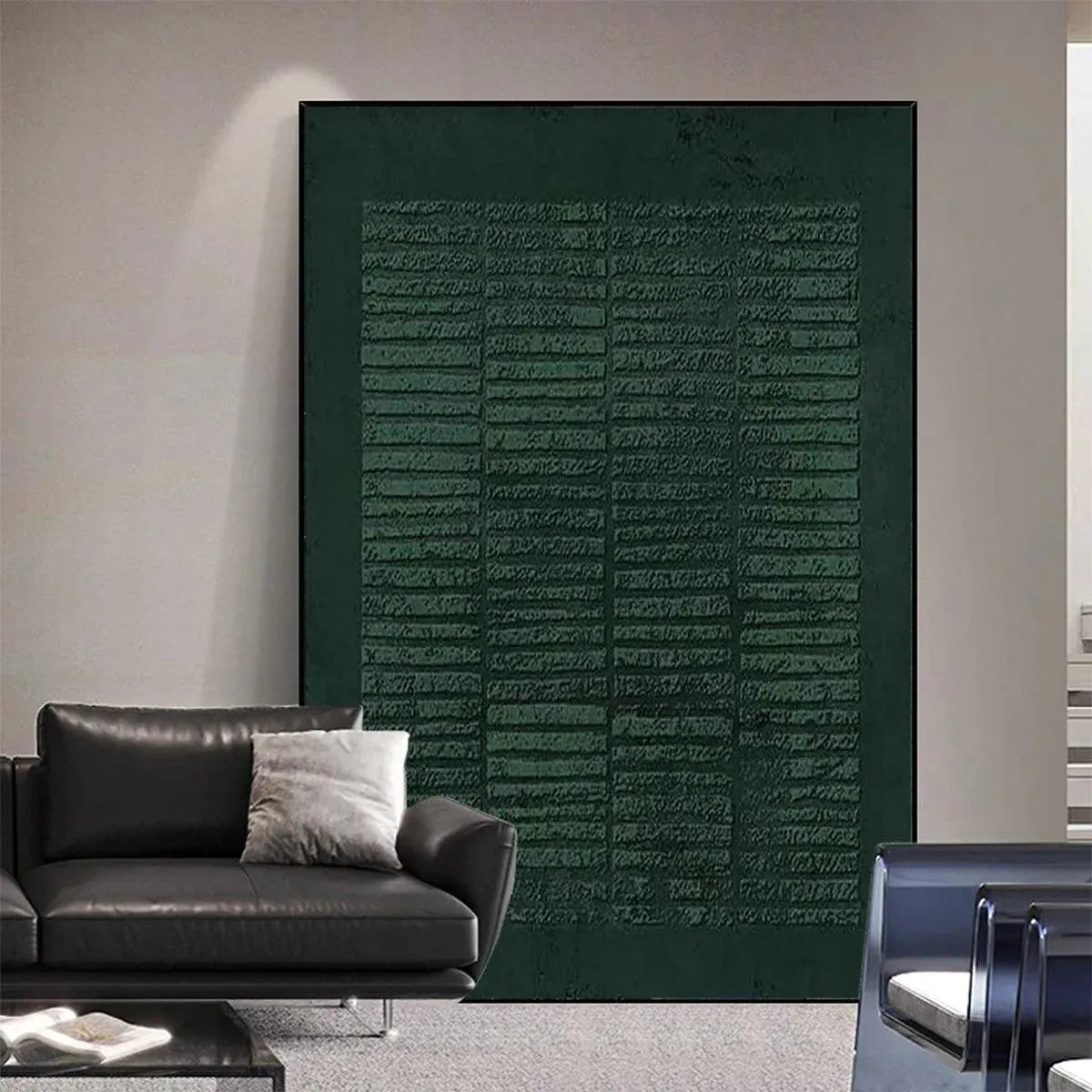 Javier Ramirez Dark Green Textured Grid painting, minimalist artwork, modern decor, textured surface, grid.