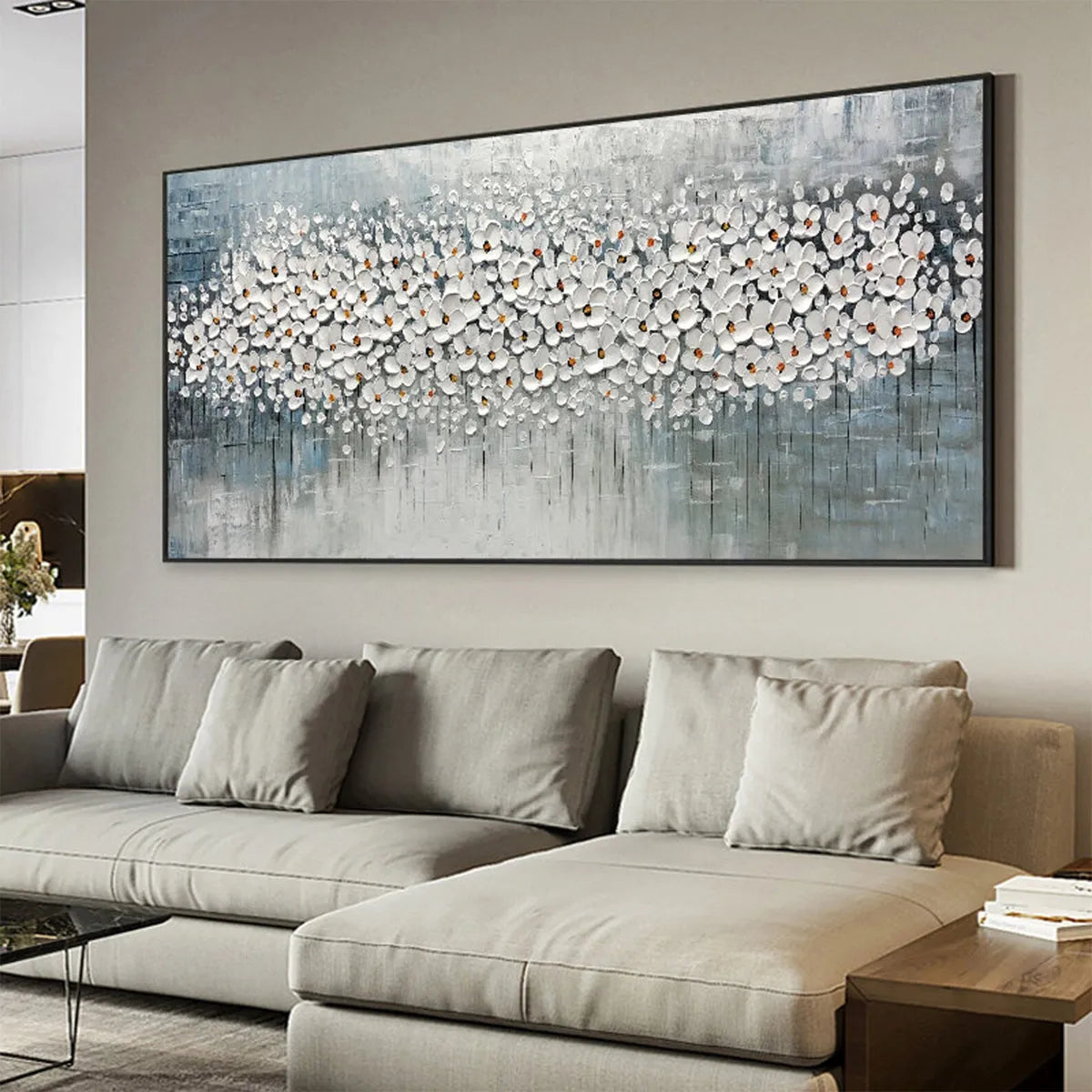WINTER BLOSSOM: White Flowers Grey Blue Canvas