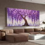 Large textured Purple Wisteria painting by Elodie Dubois, adding charm above a brown sofa in a modern living room.