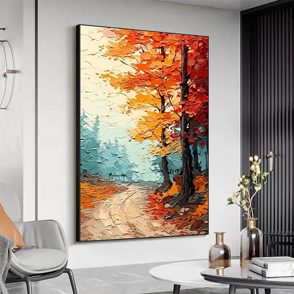 AUTUMNAUTUMN PATH: Textured Forest Path Orange Red Blue Canvas