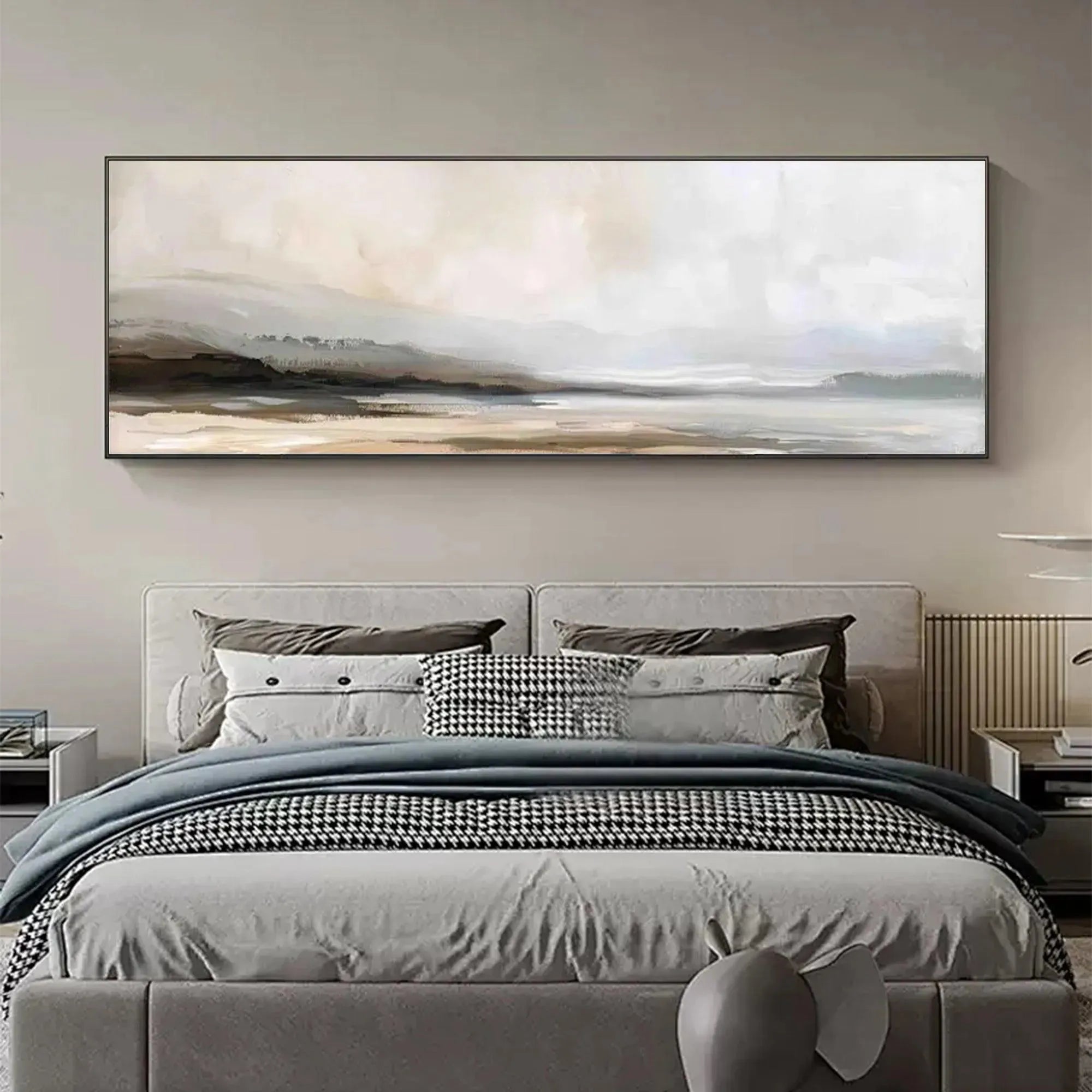 Misty Mountain Lake Panoramic artwork above grey bed in bedroom. Abstract landscape painting, muted earth tones.