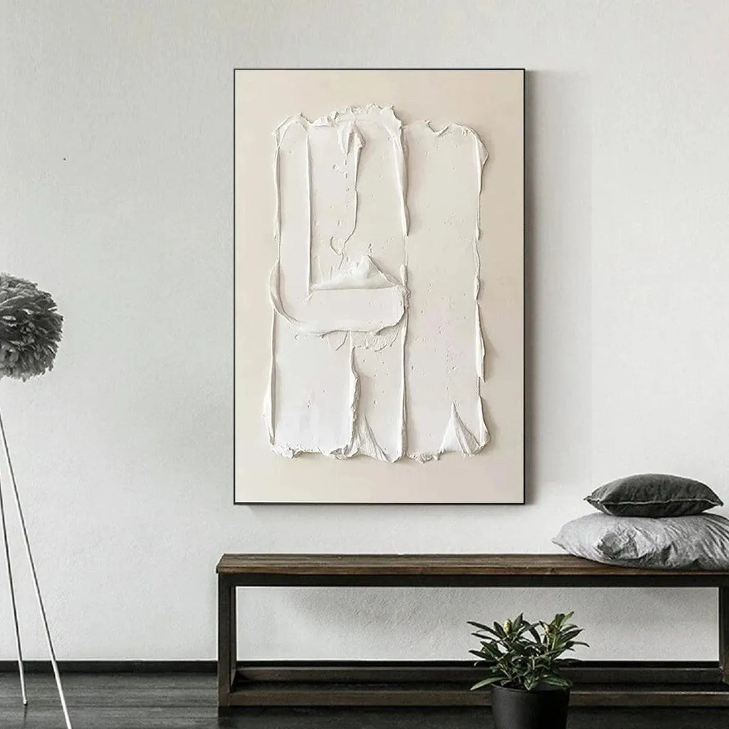 Liam O'Connell White Textured Relief, abstract white painting, Wabi Sabi style, modern home decor