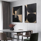 Minimalist Geometric Diptych, abstract wall art set of 2 in black, grey, and beige, displayed in modern dining room.
