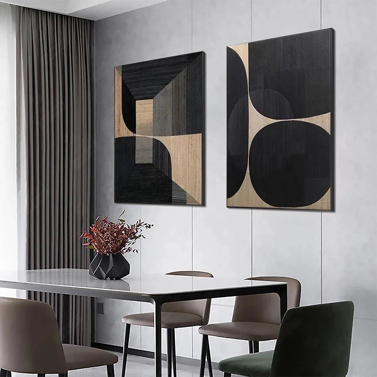 Minimalist Geometric Diptych, abstract wall art set of 2 in black, grey, and beige, displayed in modern dining room.