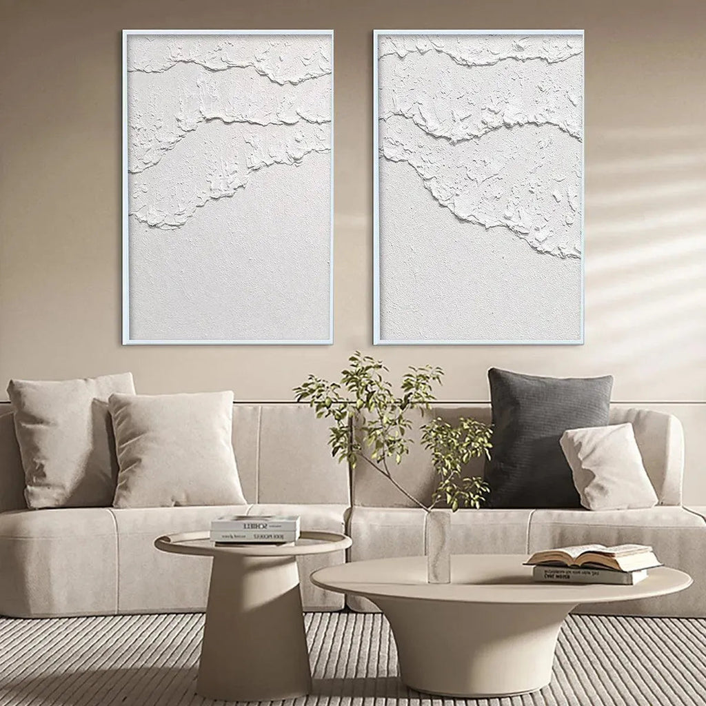 Isabella Rossi White Waves Diptych: White textured abstract wall art set of 2, vertical wall decor