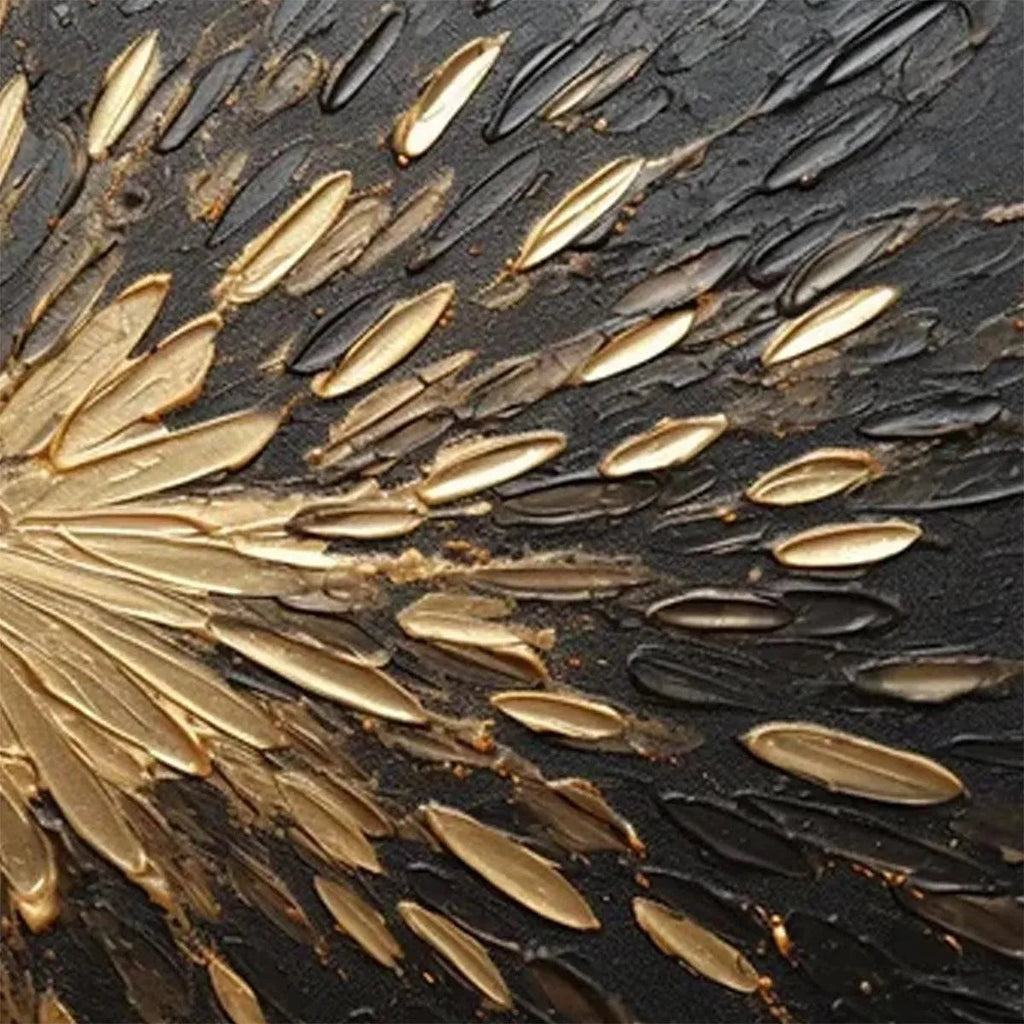 Close-up of Golden Burst impasto painting, showing textured gold strokes on black background.
