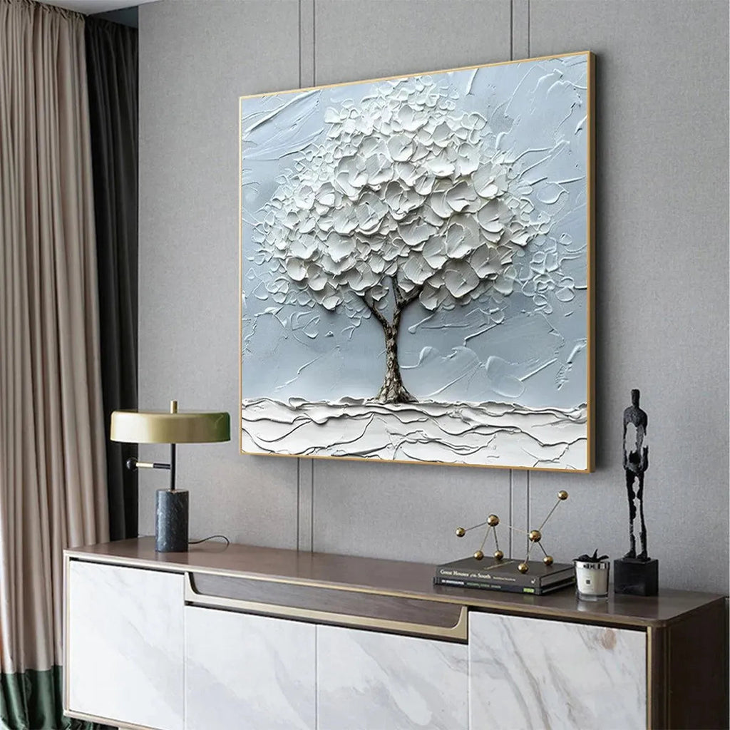 WINTER‘S EMBRACE: Snow Covered Tree Thick Impasto Minimalist Canvas