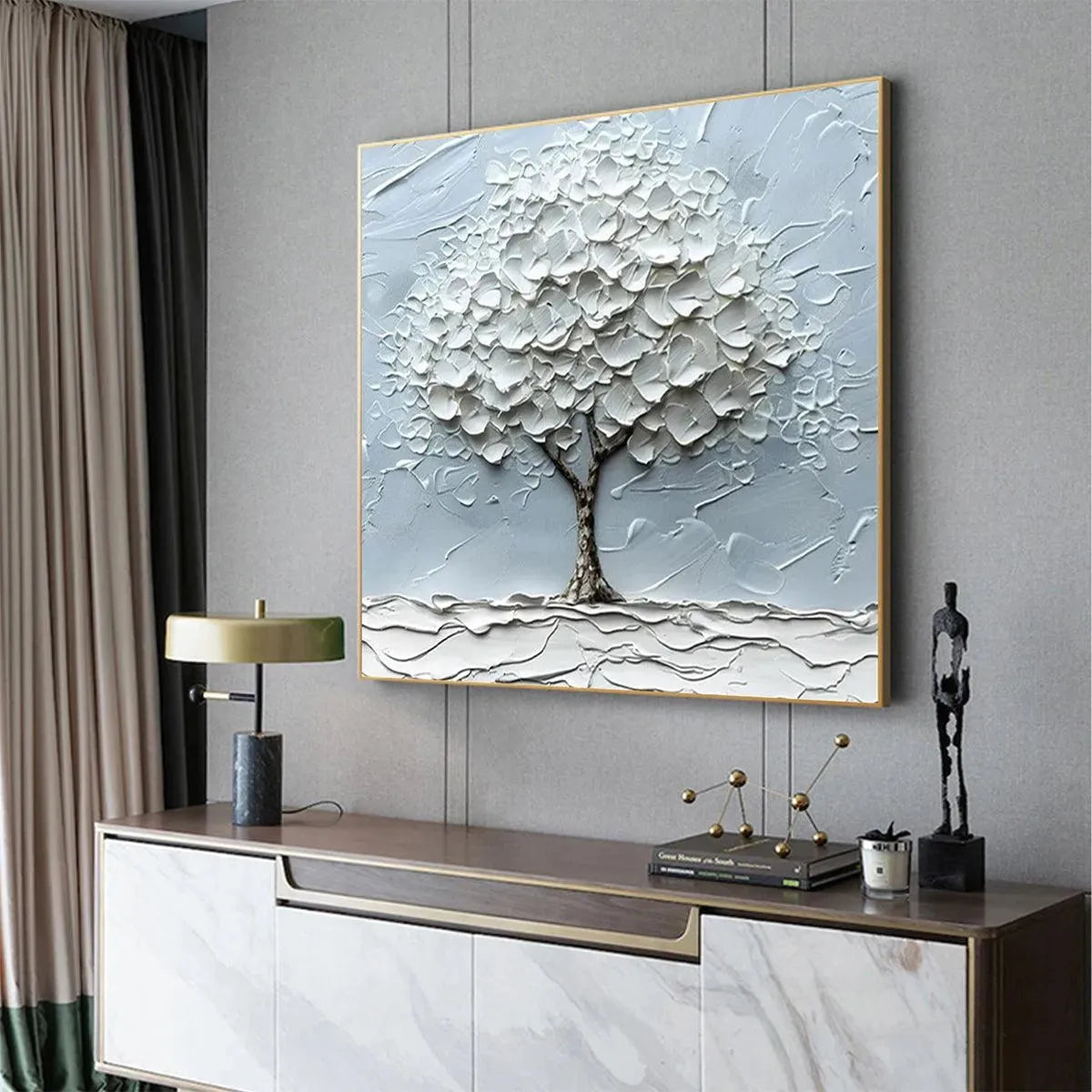 WINTER‘S EMBRACE: Snow Covered Tree Thick Impasto Minimalist Canvas