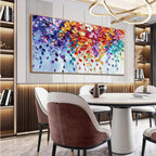 Vibrant impasto art of cascading leaves in a modern dining room with wood paneling