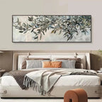 Liam O'Connell olive branch panoramic painting in black frame above modern bed in bedroom