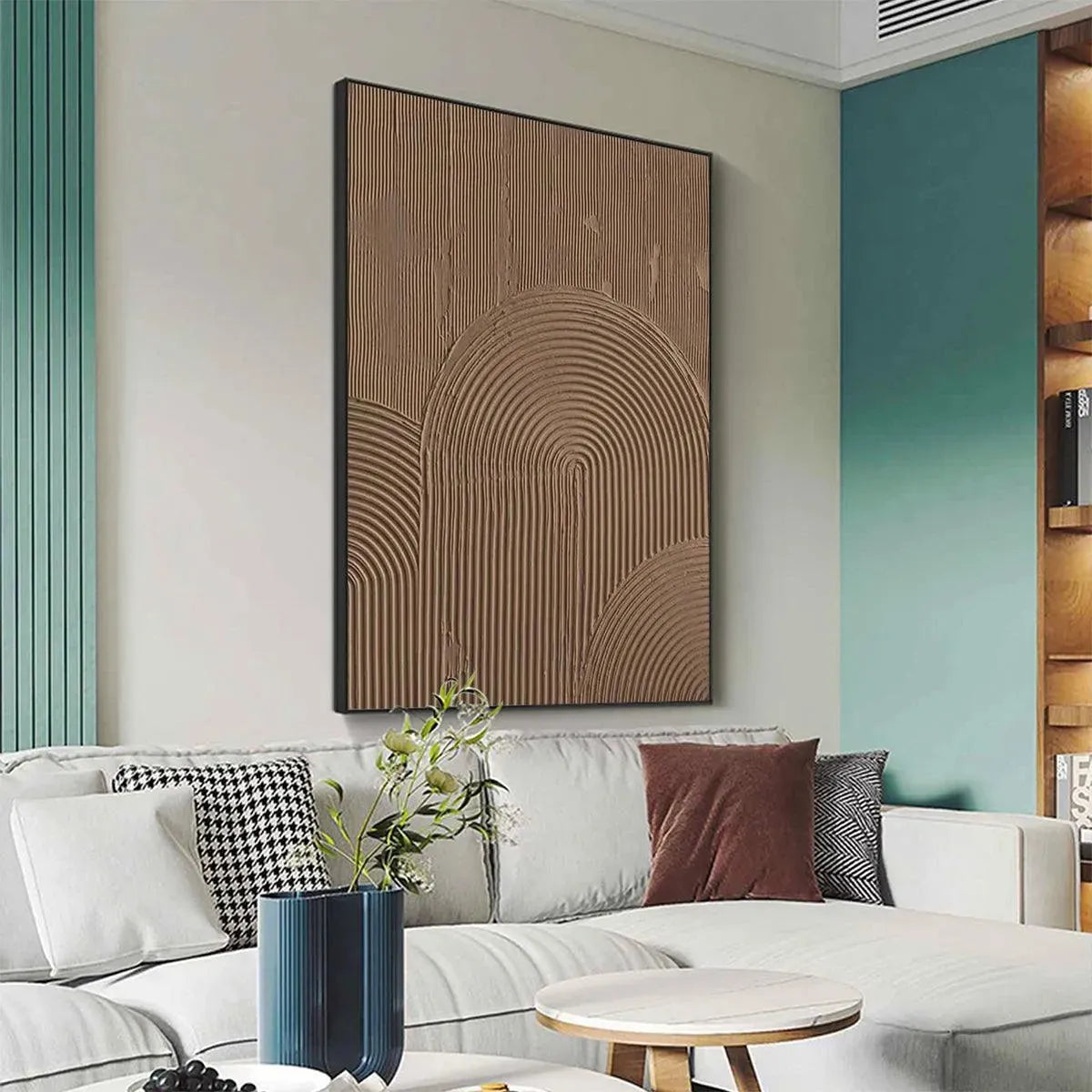 BROWN TEXTURED ARCH painting by Javier Ramirez, textured brown arches artwork, framed and displayed in a living room setting.
