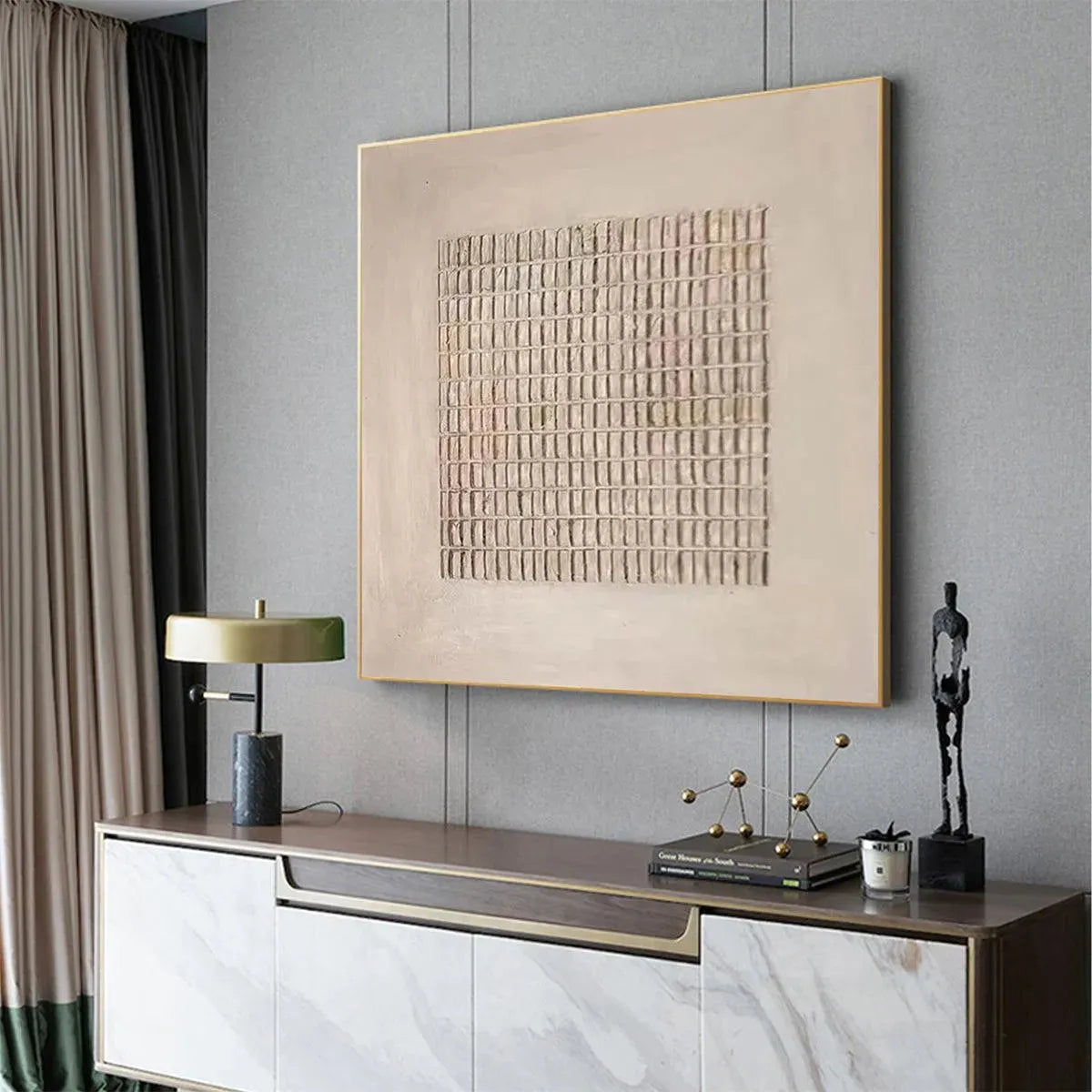 Beige Grid textured painting by Javier Ramirez in gold frame, displayed above marble console table with modern decor.