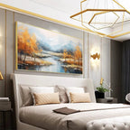 Golden Autumn Valley landscape art with golden trees & blue river, stunningly displayed in a luxurious bedroom.