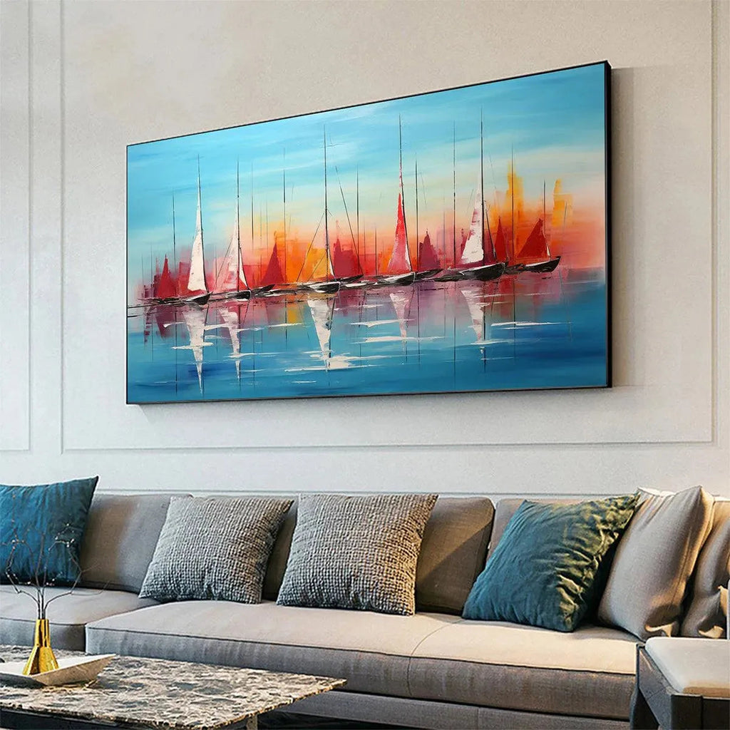 HARBOR SUNSET: Textured Sailboat Seascape Panoramic Wall Art