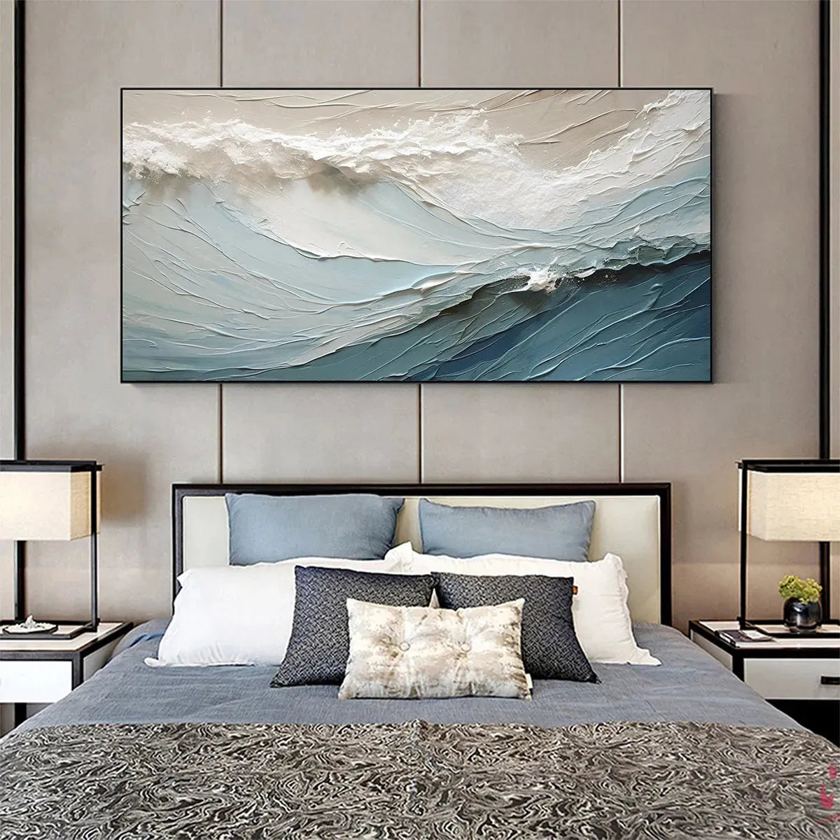 OCEANIC SYMPHONY: Textured Blue White Beige Abstract Wave Canvas
