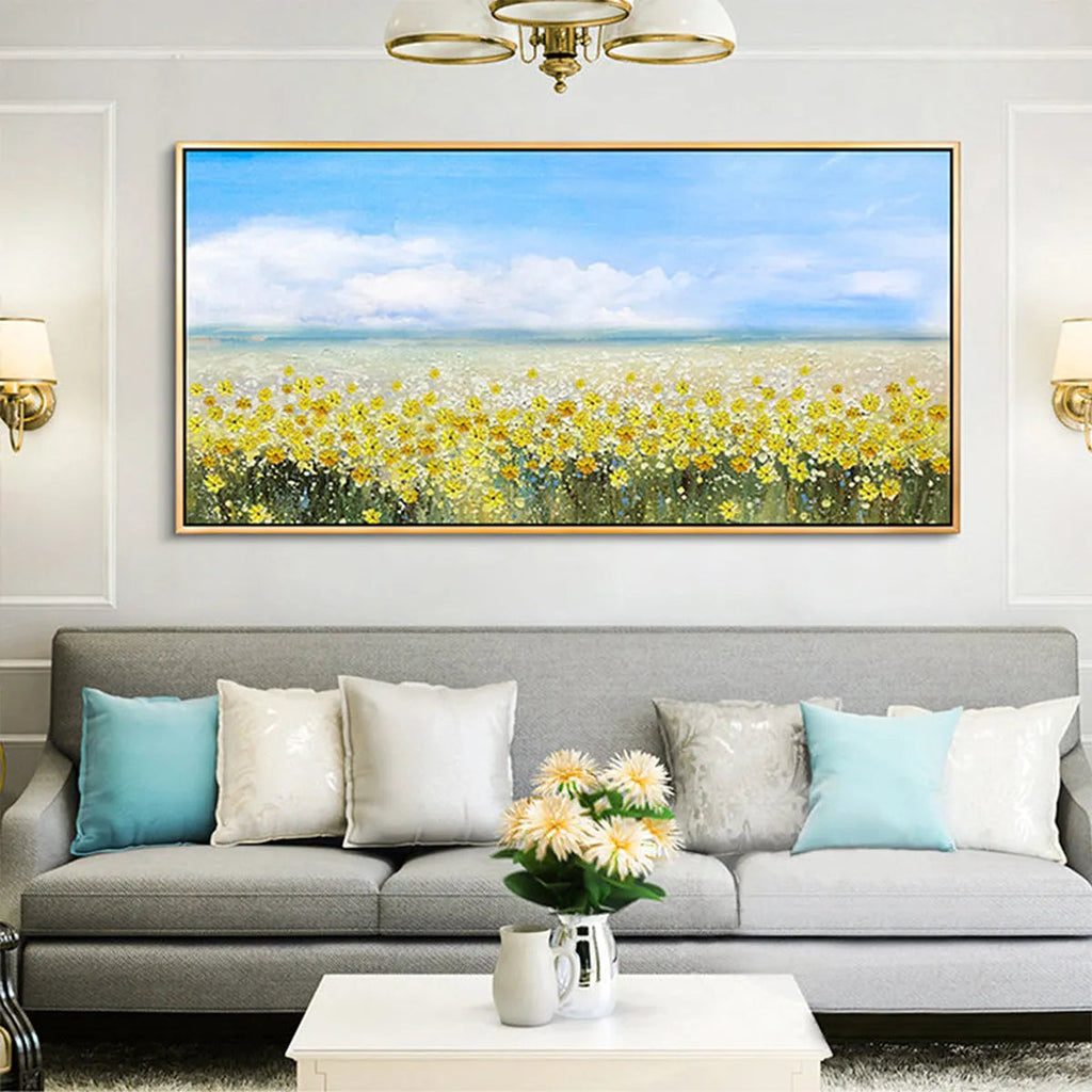 GOLDEN HOUR BLOOM: Panoramic Yellow Wildflowers And Blue Sky Canvas