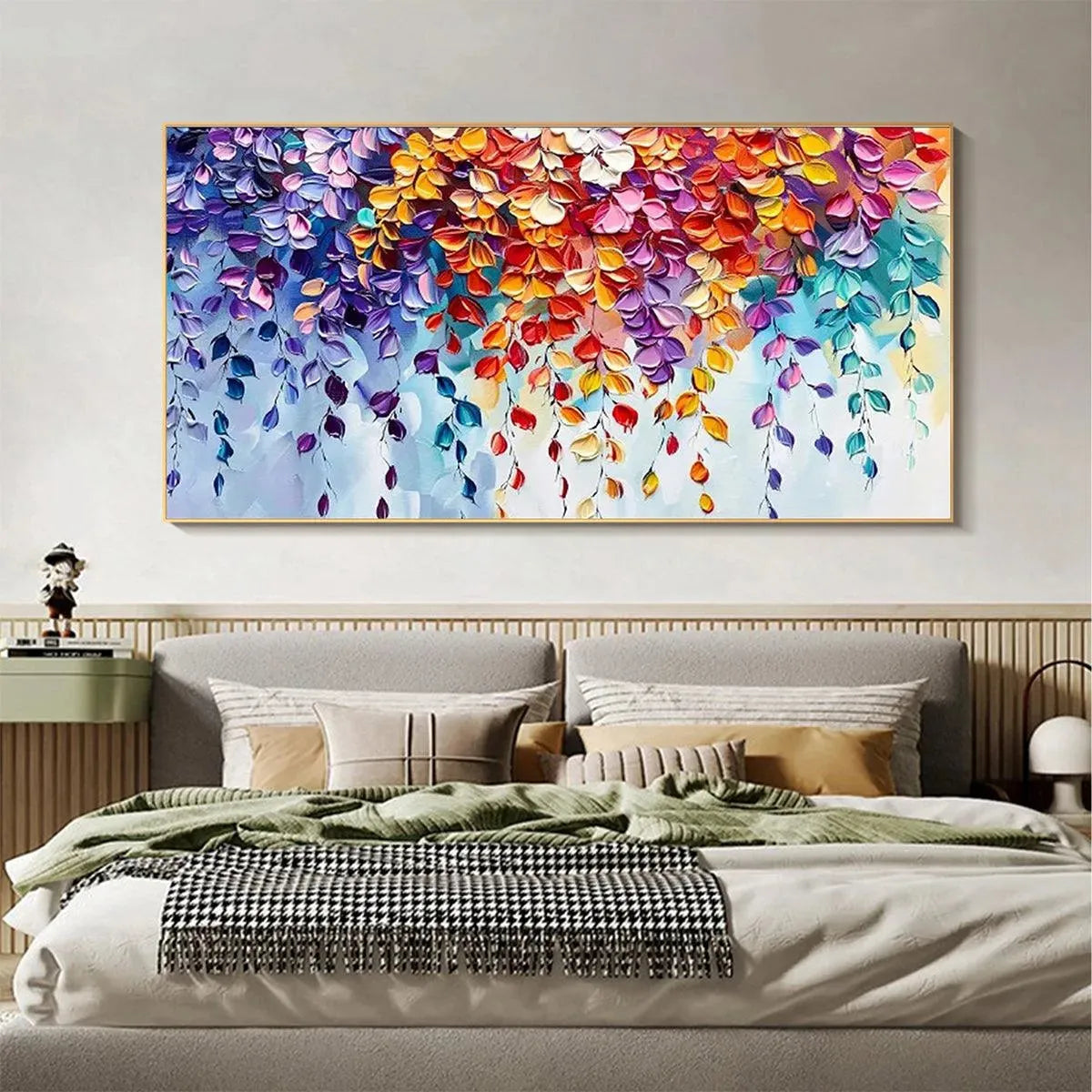 Textured impasto painting 'Cascading Color' featuring vibrant, colorful leaves, ideal for modern bedroom decor.