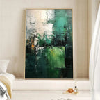 Impasto Green Abstract painting by Isabella Rossi. Vertical framed wall art, modern decor with green, white, and gold tones.