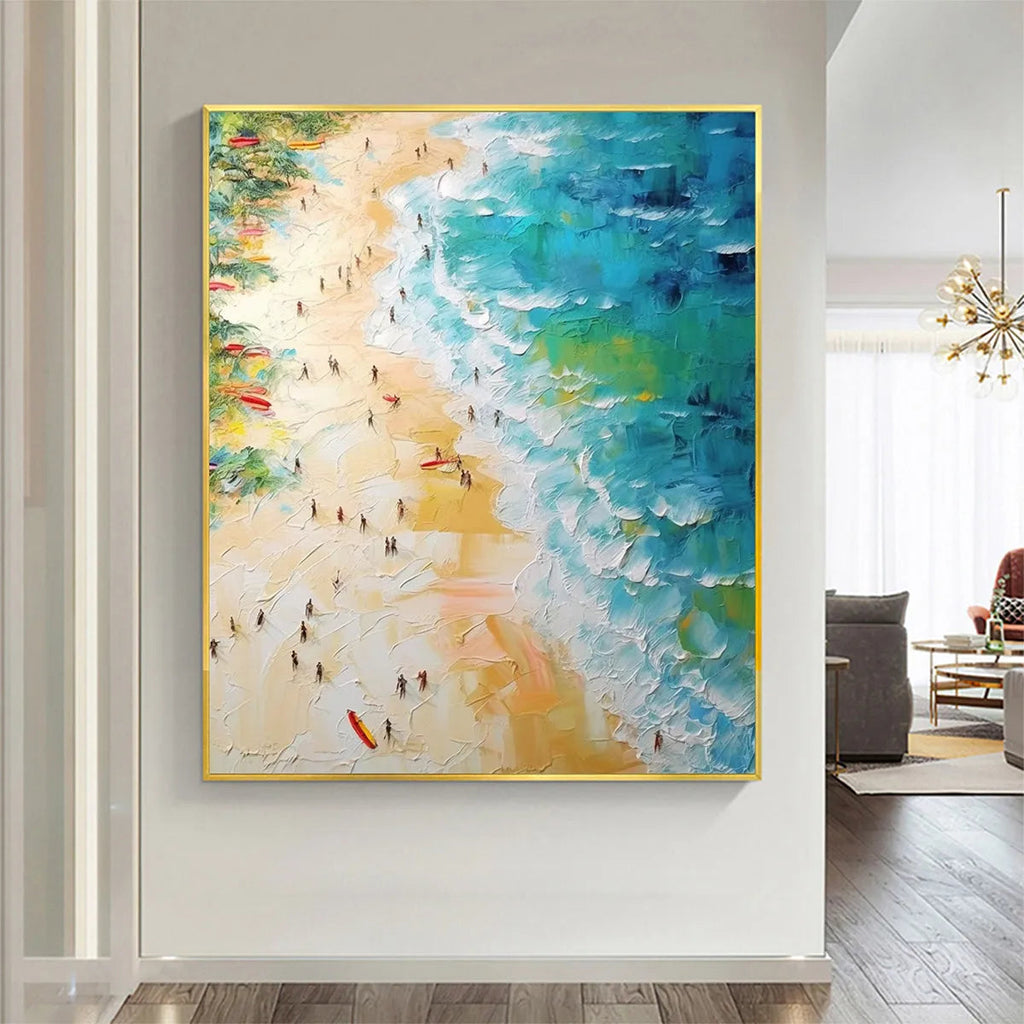 TROPICAL PARADISE: Impasto Beach Scene Palm Trees Turquoise Waves Canvas