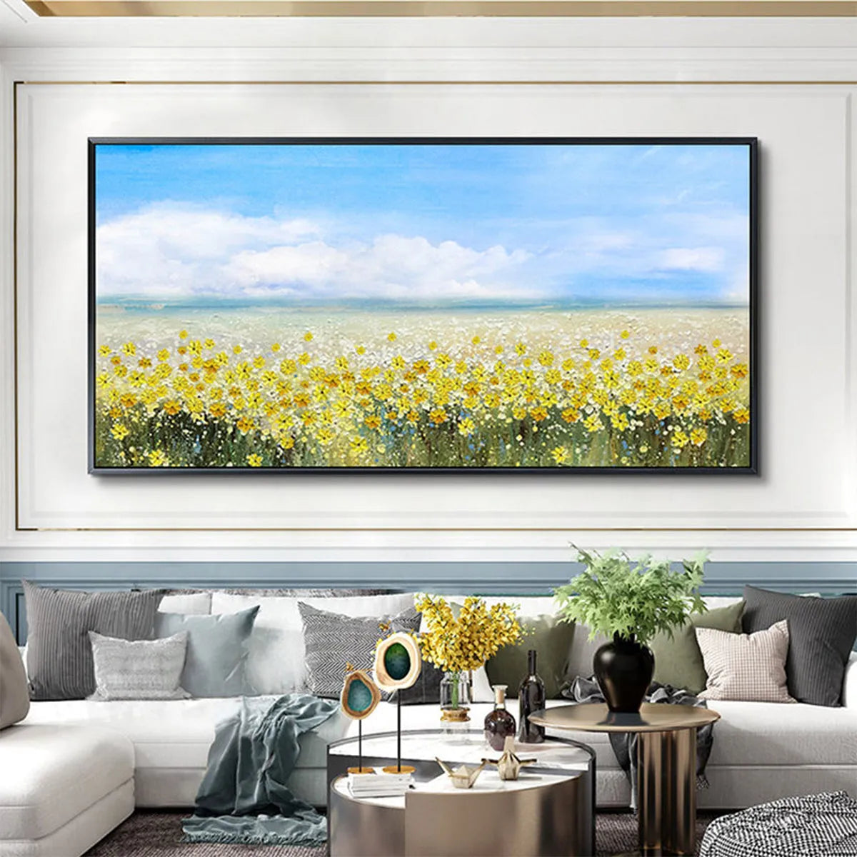 GOLDEN HOUR BLOOM: Panoramic Yellow Wildflowers And Blue Sky Canvas