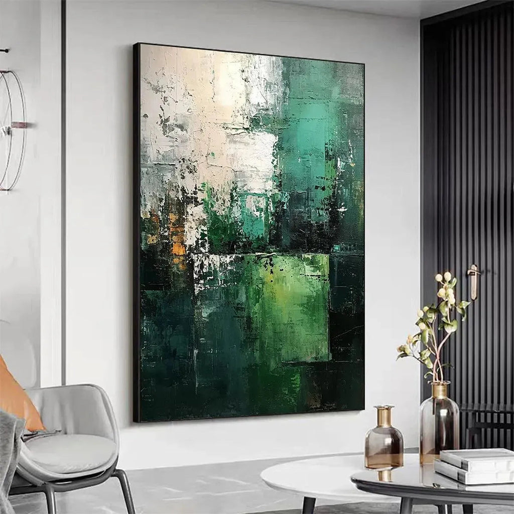 Impasto Textured Green Abstract Painting by Isabella Rossi, vertical wall art with modern green, white, and gold tones.