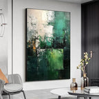 Impasto Textured Green Abstract Painting by Isabella Rossi, vertical wall art with modern green, white, and gold tones.