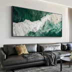 EMERALD FLOW: Green & white textured ocean painting above grey sofa, modern living room.